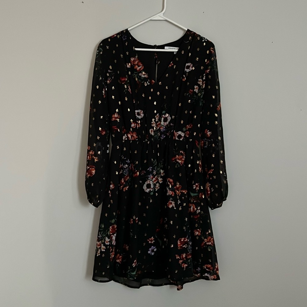 EUC: Short, black floral dress with long sleeves